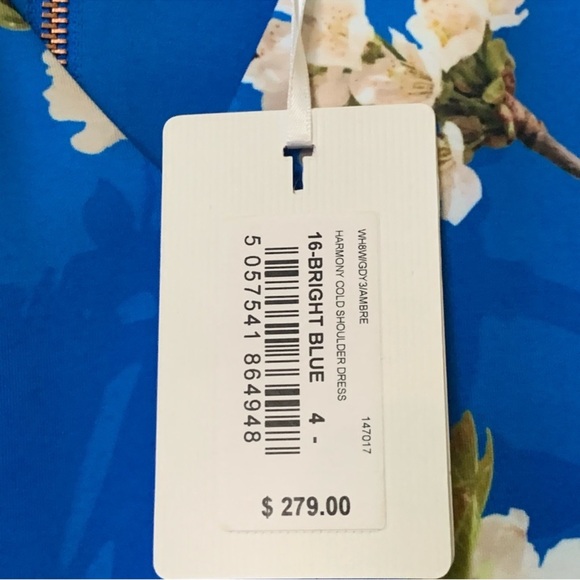 NWOT- Ted Baker Blue Floral Cold-Shoulder Dress Size 5 (10/12) - Picture 10 of 12